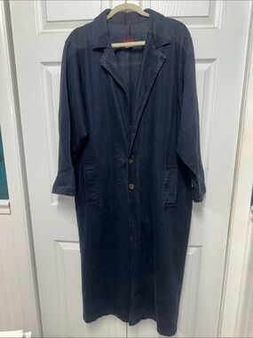 Vtg Sunbelt Sportswear Dark Blue Denim Jean Long Duster Trench Jacket One Size